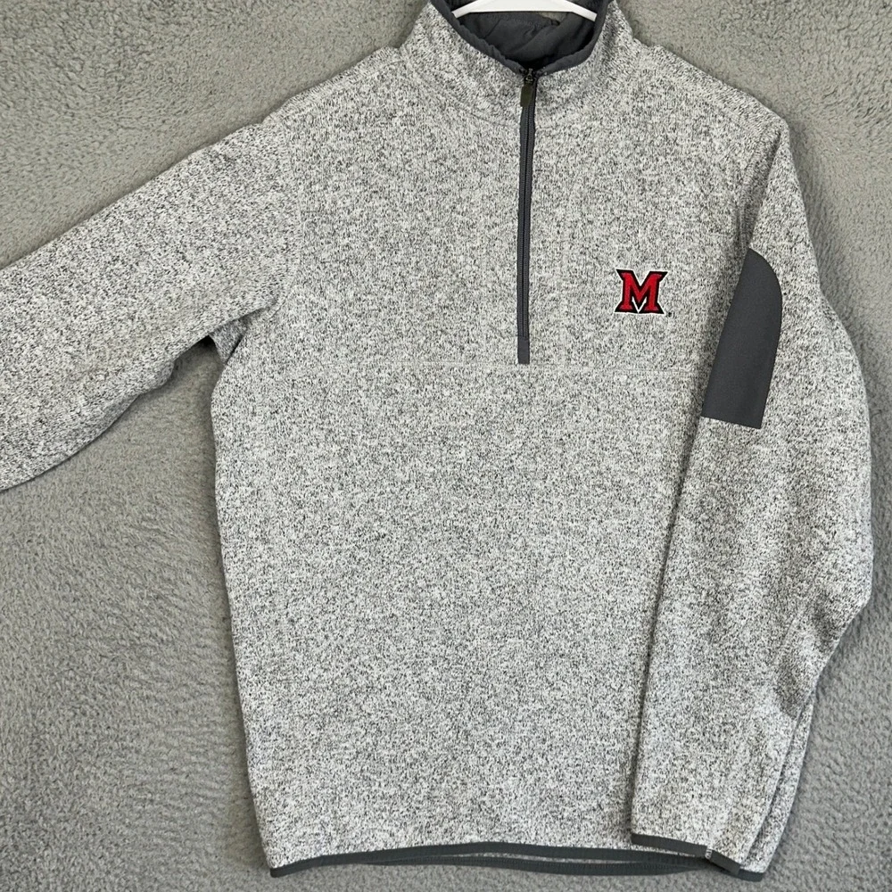 Miami RedHawks Antigua Sweater Mens Medium Grey Salt Pepper Fleece Quarter Zip